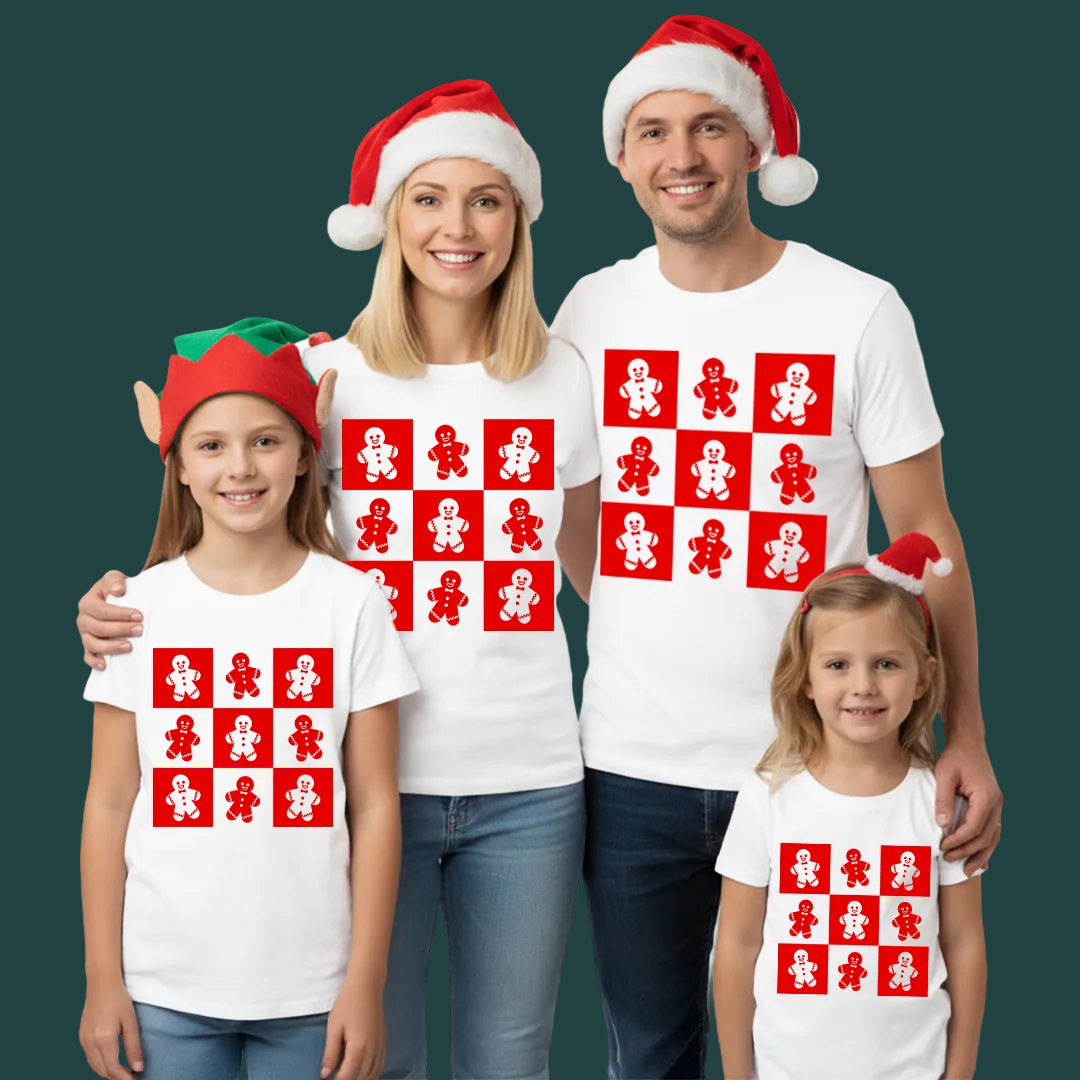 White & Red Gingerbread Checkerboard Family Shirts - Cute Holiday Matching Outfit