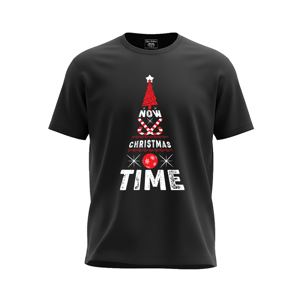 Christmas Tree Graphic Red T-Shirt- "NOW CHRISTMAS TIME" Holiday Shirt