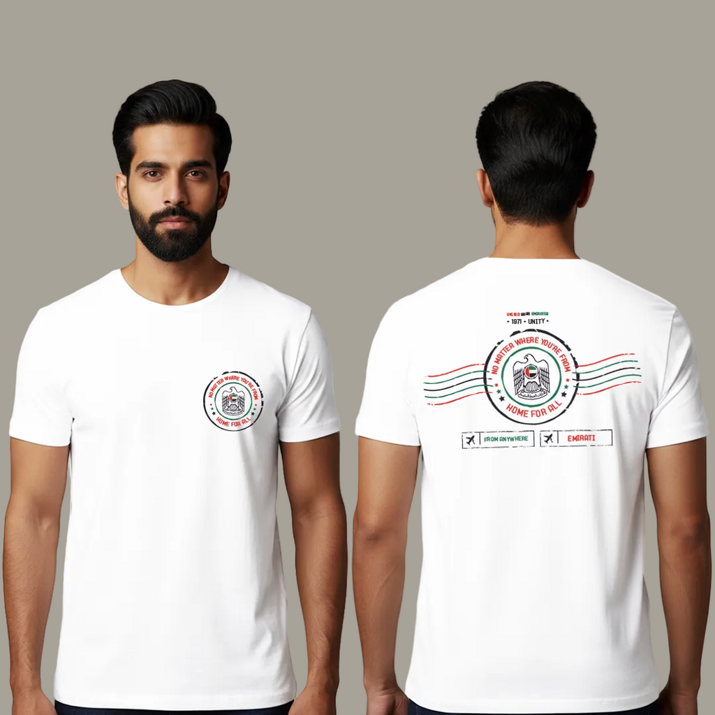 UAE Unity T-Shirt - United Arab Emirates Souvenir White Cotton Tees - No Matter Where You’re From Home For All Design - Emirati Pride Graphic T-Shirt - Unisex Fit