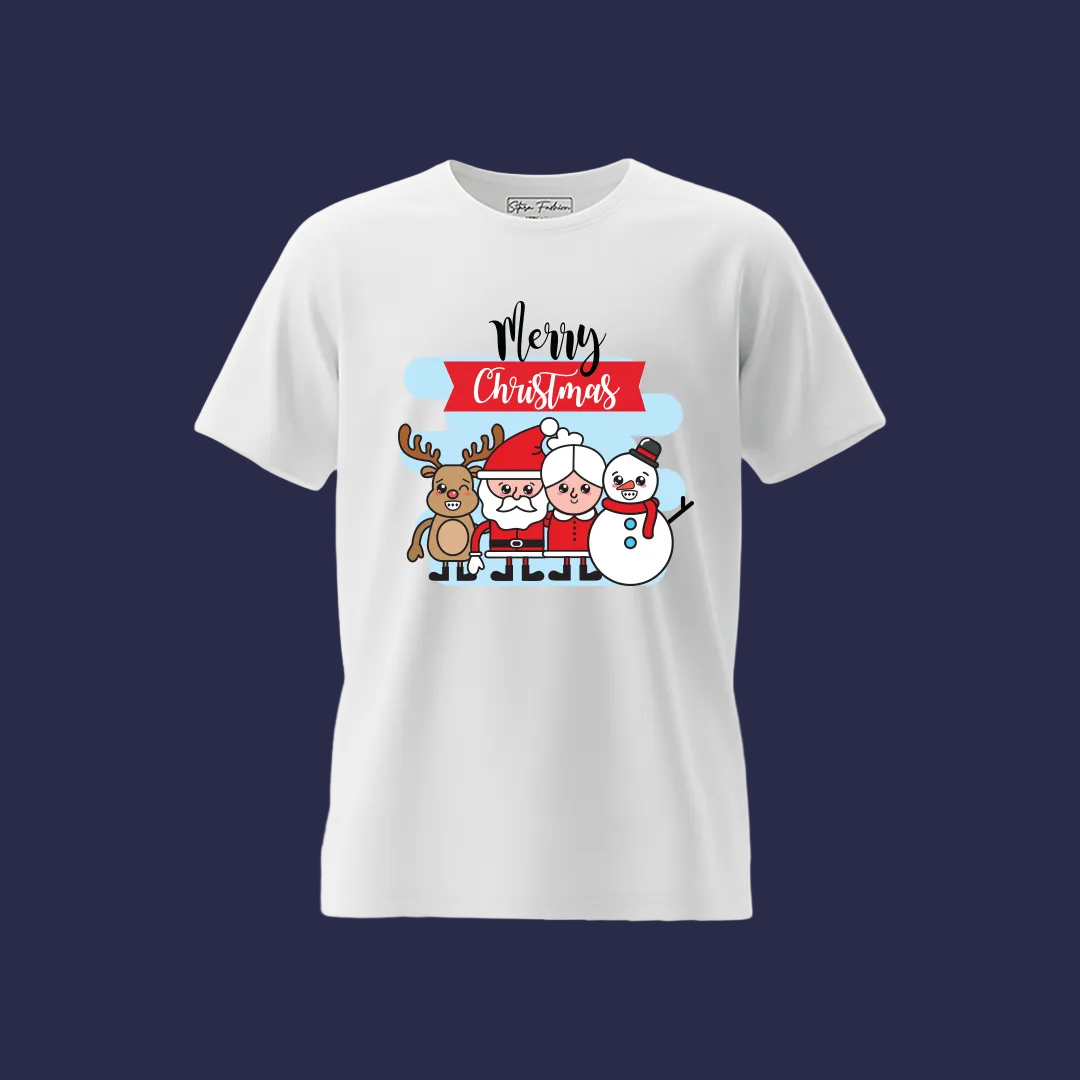 Kids Merry Christmas T-Shirt with Santa, Mrs. Claus, Reindeer & Snowman Graphic
