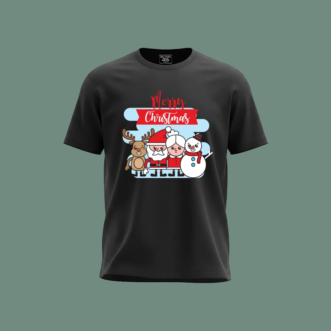 Kids Merry Christmas T-Shirt with Santa, Mrs. Claus, Reindeer & Snowman Graphic