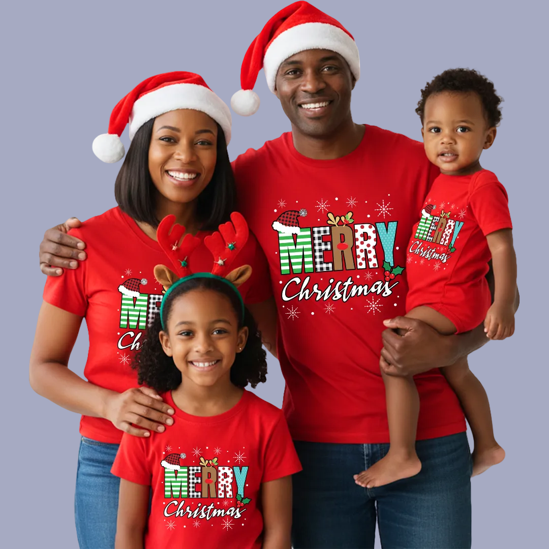 Family Christmas Outfit - Red Merry Christmas Graphic Shirt for Parents  Kids & Rompers