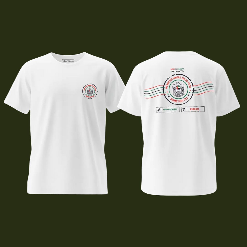 UAE Unity T-Shirt - United Arab Emirates Souvenir White Cotton Tees - No Matter Where You’re From Home For All Design - Emirati Pride Graphic T-Shirt - Unisex Fit