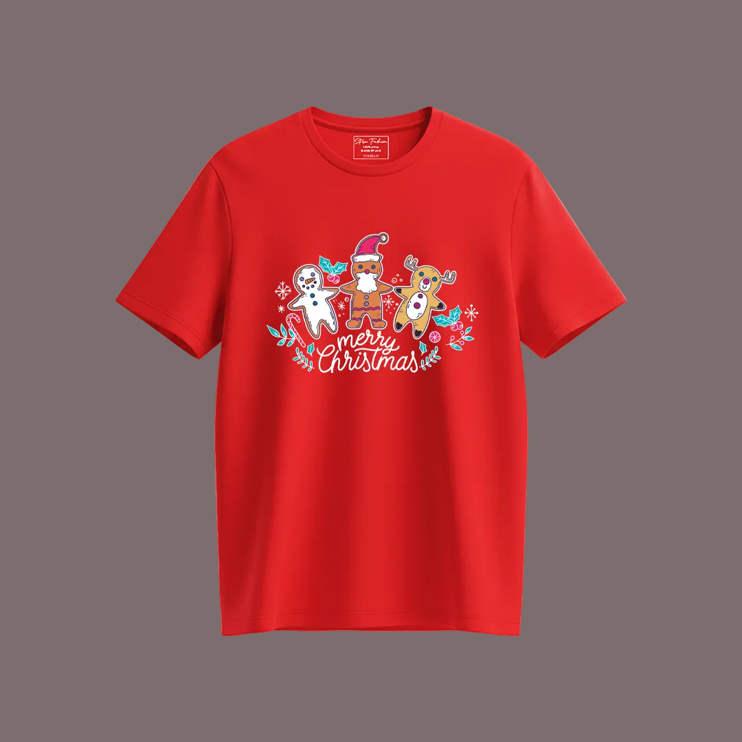 Kids Merry Christmas T-Shirt with Gingerbread Man, Reindeer & Santa Graphic Tees
