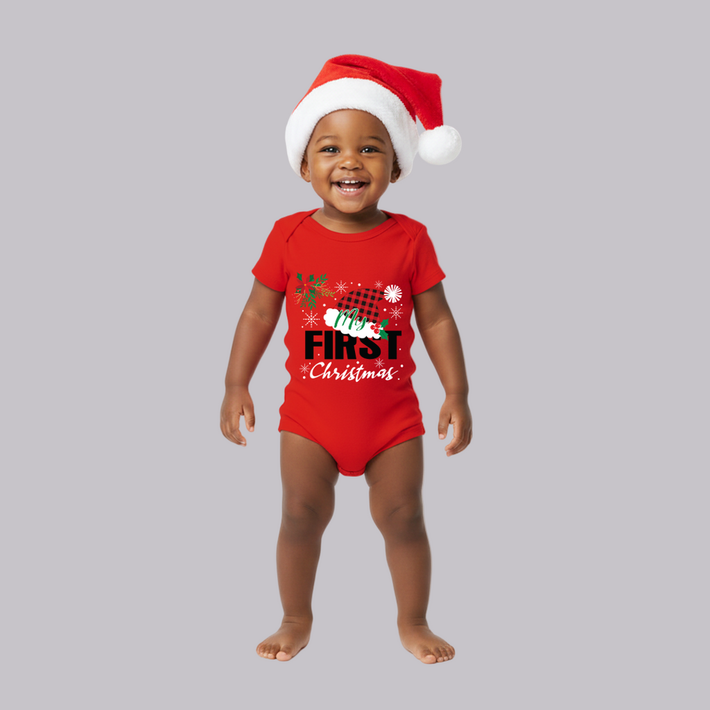 My First Christmas" Baby Bodysuit (Baby's First Christmas Romper Bodysuit - Red Plaid Accent Newborn Infant Outfit