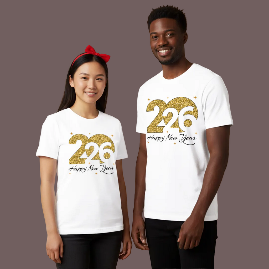 Matching Family New Year 2026 T-Shirts | Gold Glitter Year Graphic Tees | Custom New Year’s Eve Party T-shirts for Rompers, Kids and Adults