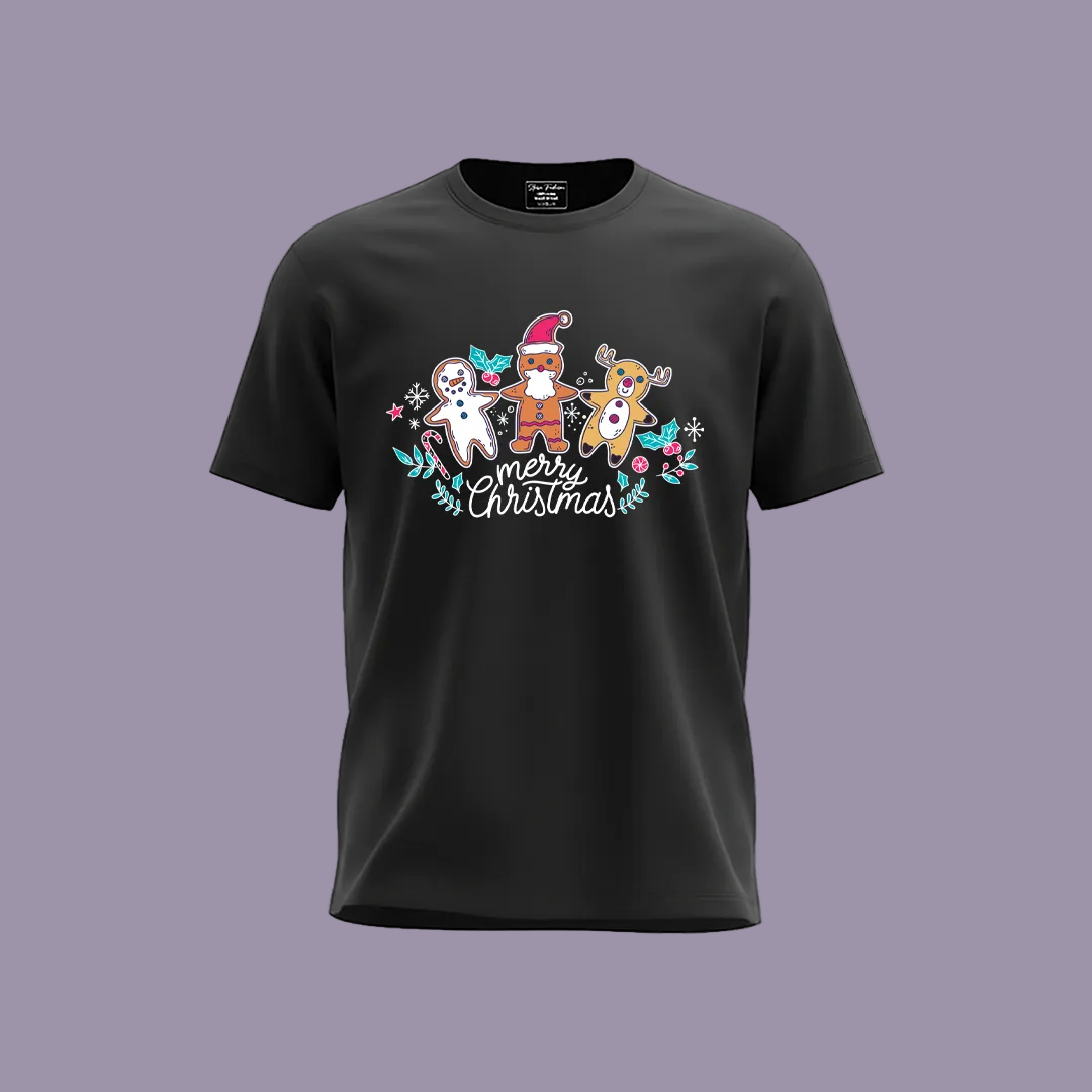 Kids Merry Christmas T-Shirt with Gingerbread Man, Reindeer & Santa Graphic Tees