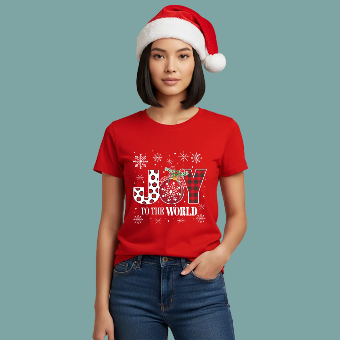 Matching Family Christmas T-Shirts, Joy to the World Graphic Tees, White Plaid Snowflake Holiday Outfit Set, Family Picture Apparel, Mom Dad Kids Toddler