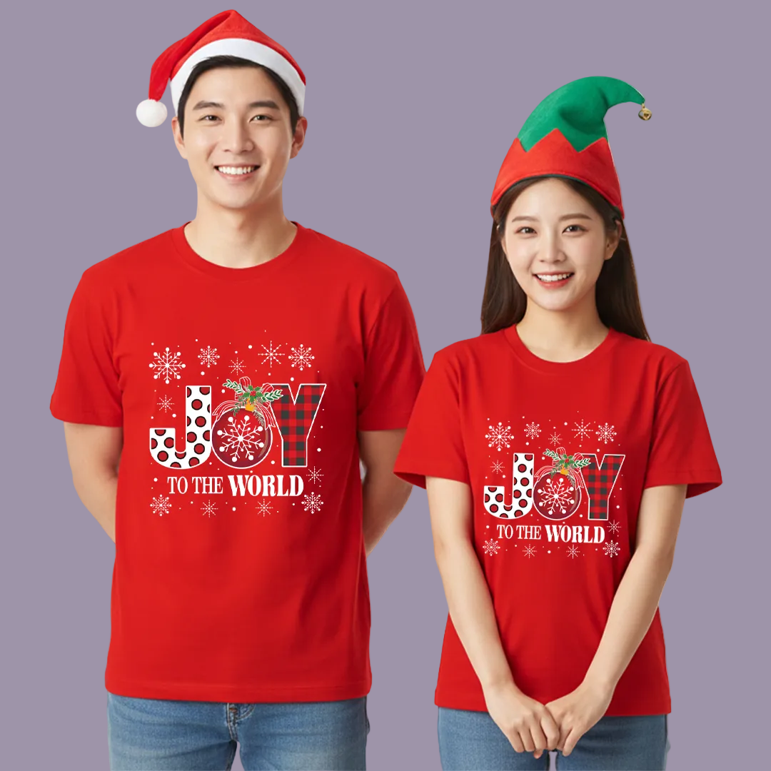 Matching Family Christmas T-Shirts, Joy to the World Graphic Tees, White Plaid Snowflake Holiday Outfit Set, Family Picture Apparel, Mom Dad Kids Toddler