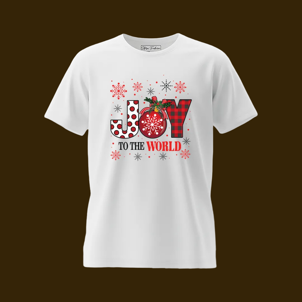 Matching Family Christmas T-Shirts, Joy to the World Graphic Tees, White Plaid Snowflake Holiday Outfit Set, Family Picture Apparel, Mom Dad Kids Toddler