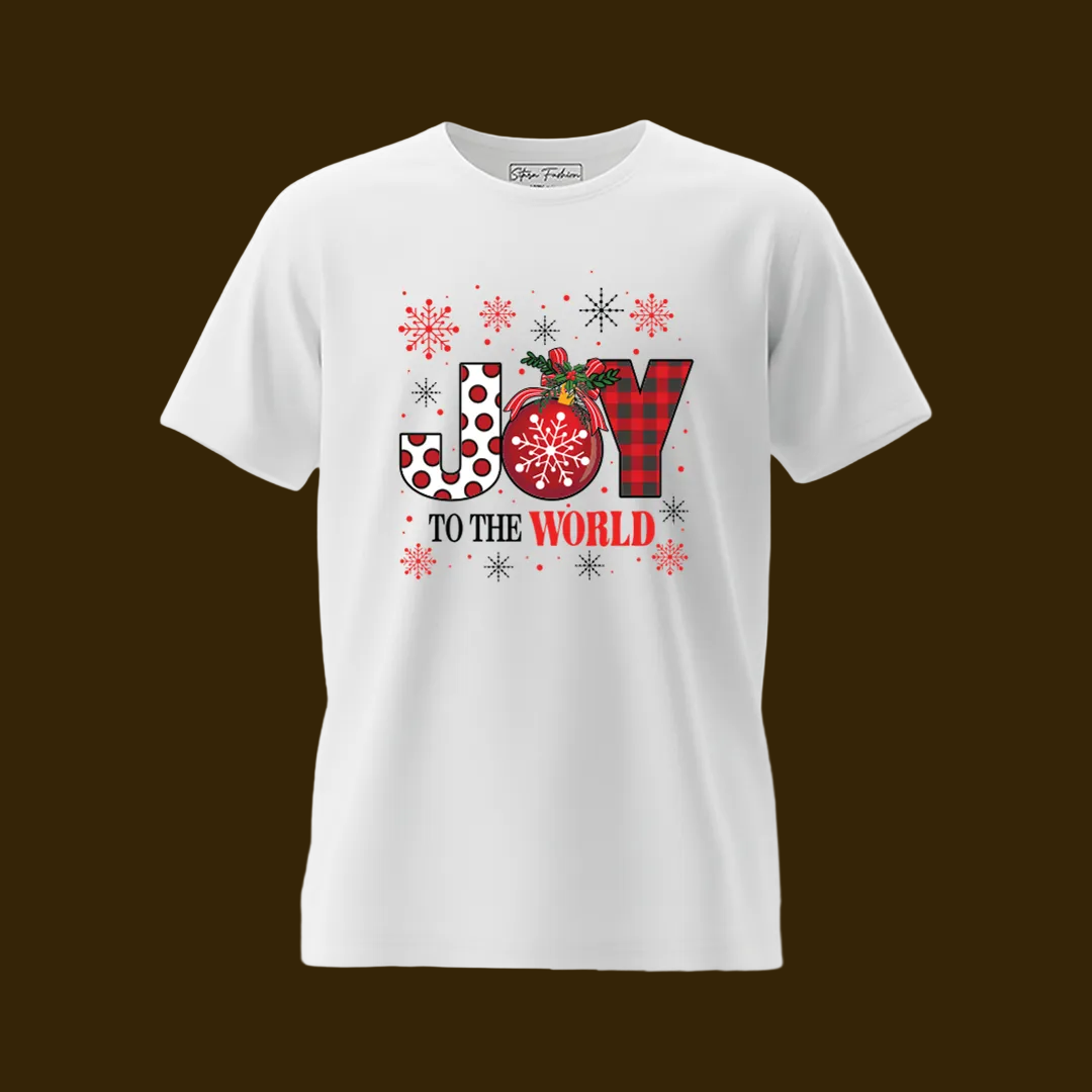 Matching Family Christmas T-Shirts, Joy to the World Graphic Tees, White Plaid Snowflake Holiday Outfit Set, Family Picture Apparel, Mom Dad Kids Toddler