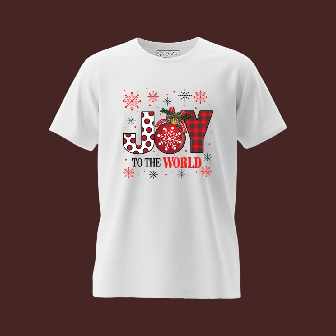 Matching Family Christmas T-Shirts, Joy to the World Graphic Tees, White Plaid Snowflake Holiday Outfit Set, Family Picture Apparel, Mom Dad Kids Toddler