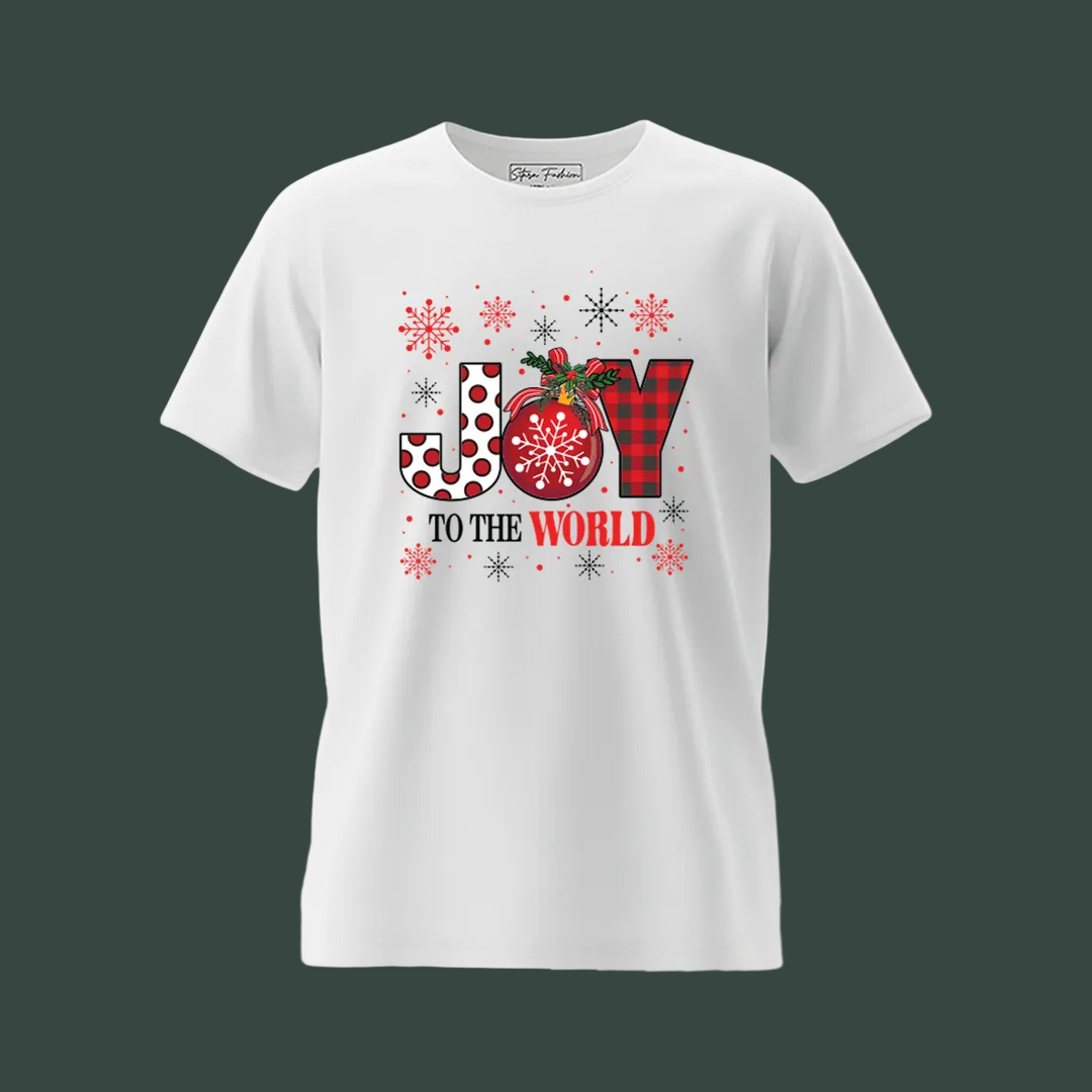 Matching Family Christmas T-Shirts, Joy to the World Graphic Tees, White Plaid Snowflake Holiday Outfit Set, Family Picture Apparel, Mom Dad Kids Toddler