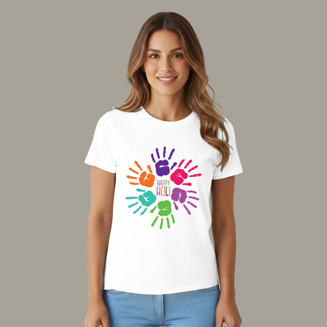 Colorful Handprint Happy Holi T-Shirt | Festive White Graphic Tees for Men & Women