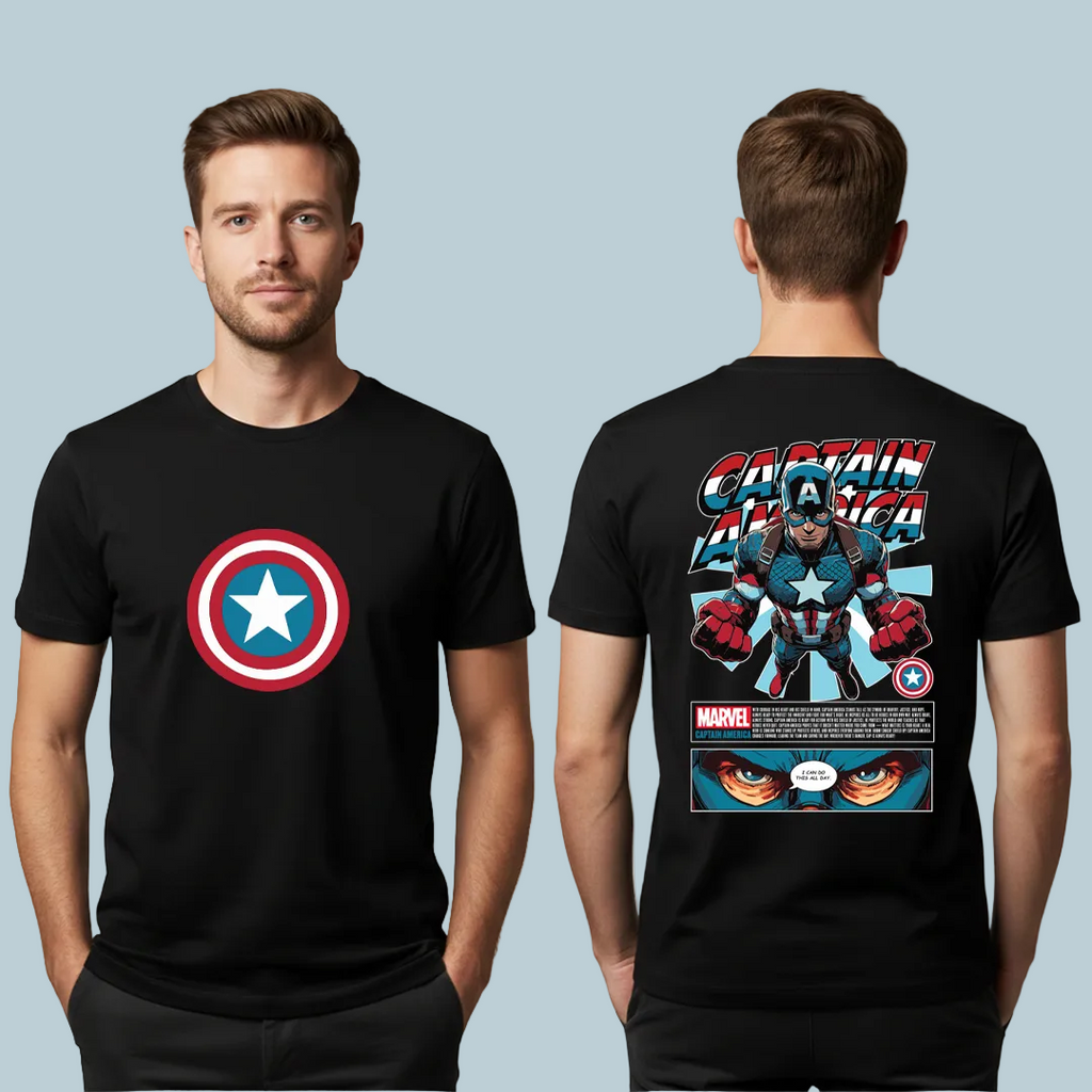 Captain America T-Shirt - Marvel Avengers Graphic Tee - Cotton Unisex T-Shirt with Shield Front & Comic Art Back - Superhero Apparel