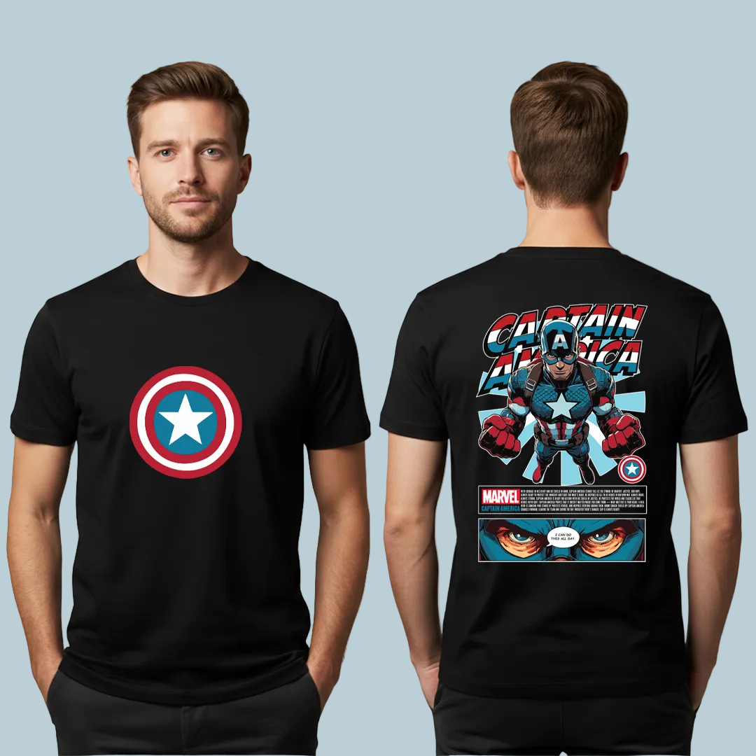 Captain America T-Shirt - Marvel Avengers Graphic Tee - Cotton Unisex T-Shirt with Shield Front & Comic Art Back - Superhero Apparel