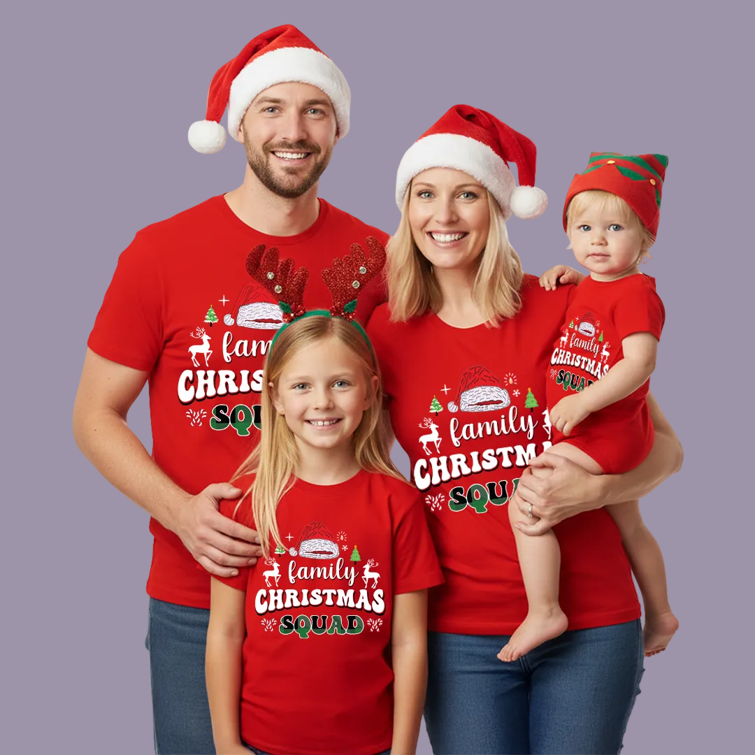 Matching Family Christmas Squad T Shirts - Custom Red Xmas Crew Outfits for Mom, Dad, Kids, Baby