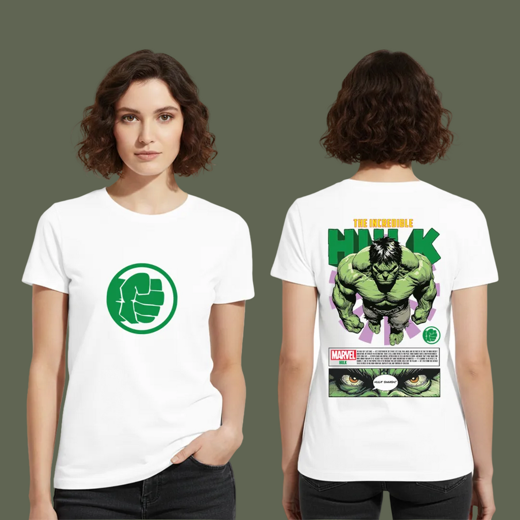 Marvel The Incredible Hulk Unisex Graphic T-Shirt - Cotton Tees with Front Fist Logo & Back Comic Art Print