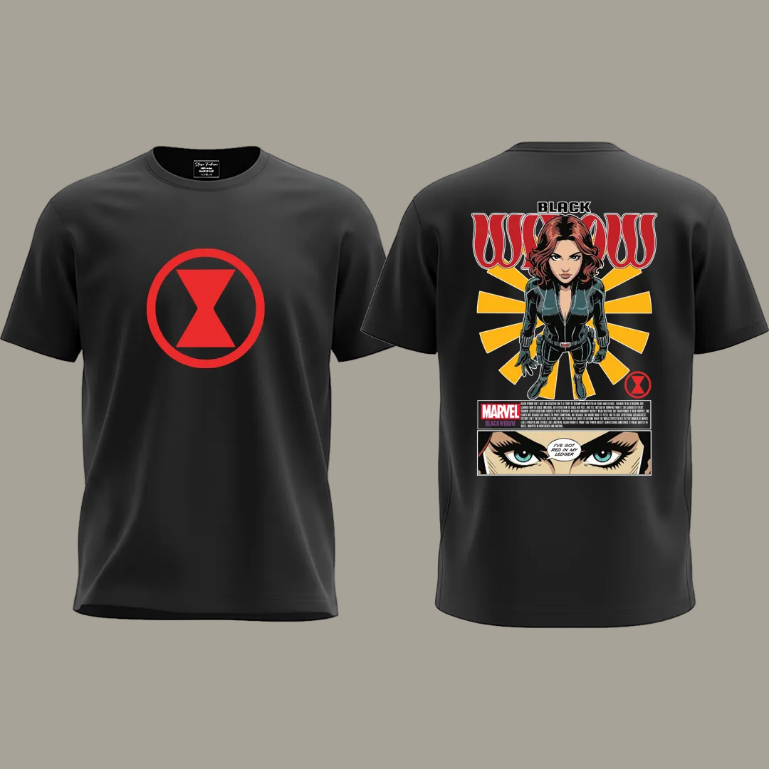 Marvel Black Widow Graphic T-Shirt - Red Hourglass Logo Front & Comic Art Back Print - Cotton Unisex Tee