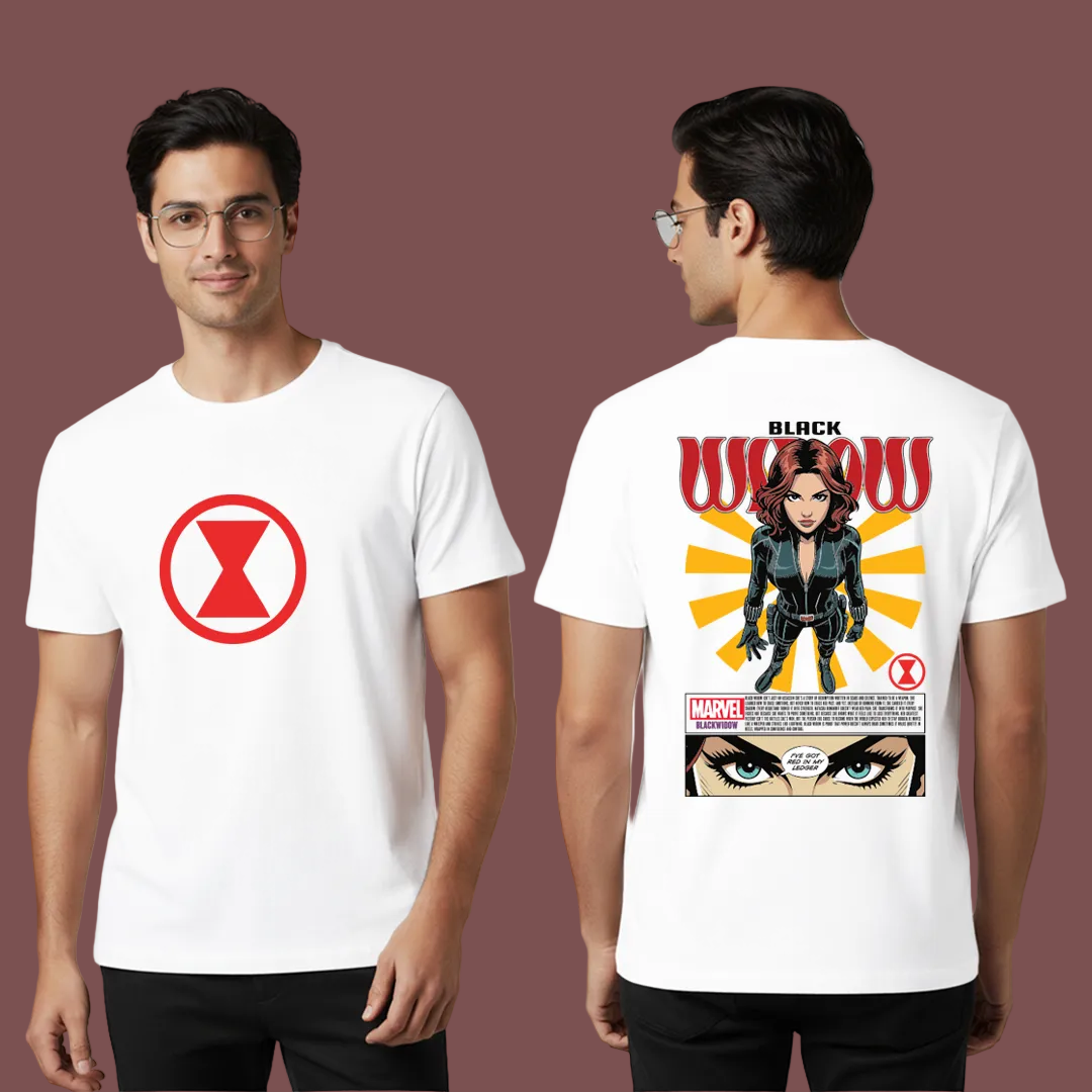Marvel Black Widow Graphic T-Shirt - Red Hourglass Logo Front & Comic Art Back Print - Cotton Unisex Tee