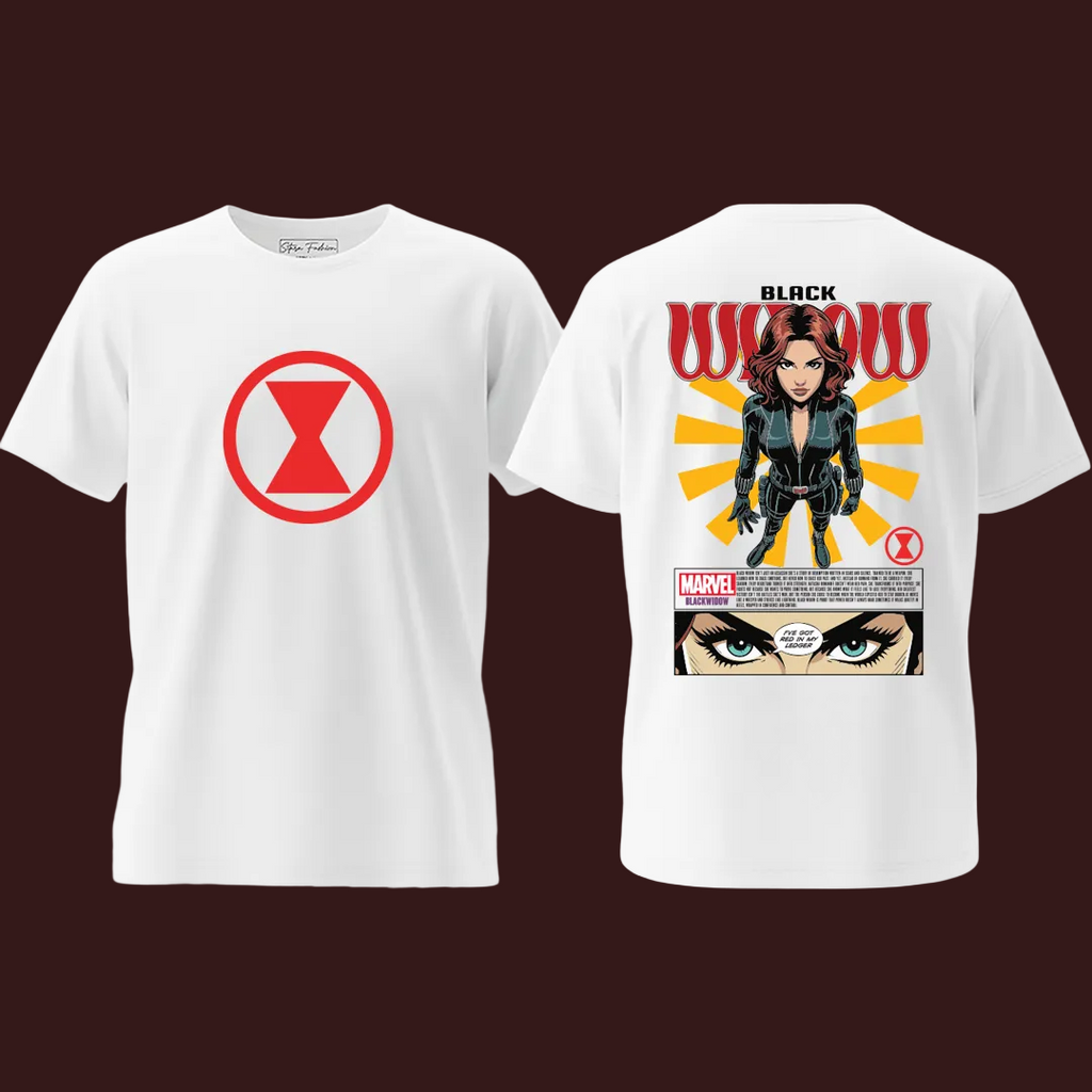 Marvel Black Widow Graphic T-Shirt - Red Hourglass Logo Front & Comic Art Back Print - Cotton Unisex Tee