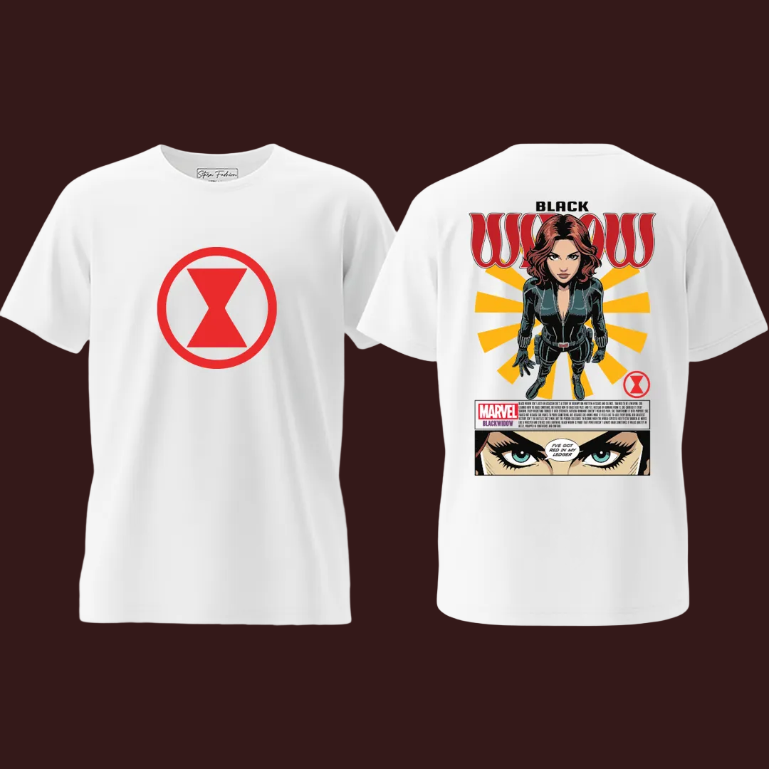 Marvel Black Widow Graphic T-Shirt - Red Hourglass Logo Front & Comic Art Back Print - Cotton Unisex Tee