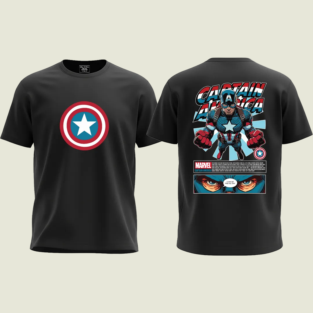 Captain America T-Shirt - Marvel Avengers Graphic Tee - Cotton Unisex T-Shirt with Shield Front & Comic Art Back - Superhero Apparel