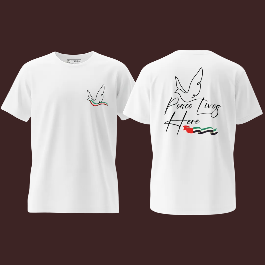 UAE Peace Lives Here T-Shirt - United Arab Emirates, Dove Graphic Tees - Patriotic Emirati Flag Colors Minimalist T-Shirt for Men & Women