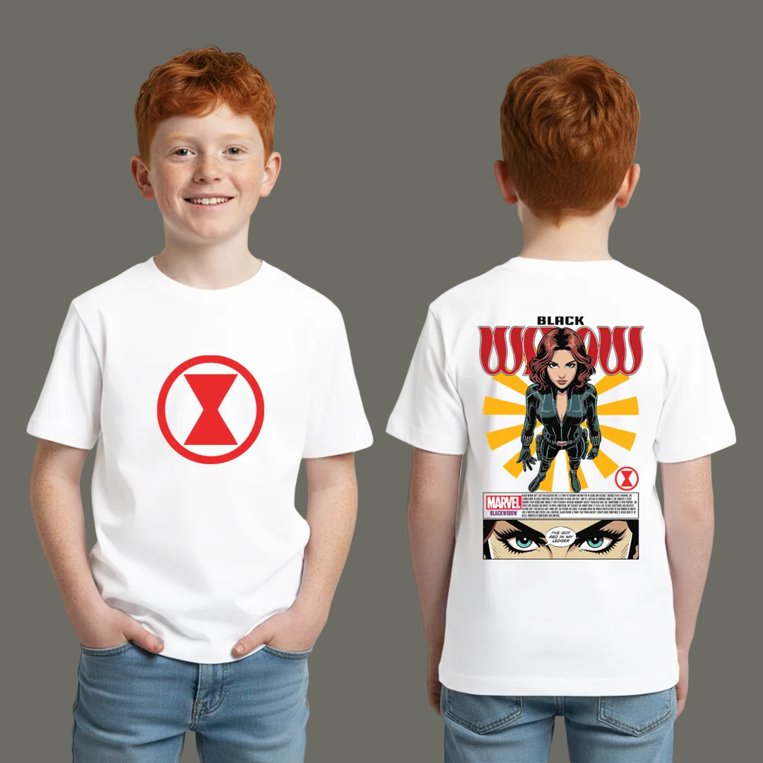 Marvel Black Widow Graphic T-Shirt - Red Hourglass Logo Front & Comic Art Back Print - Cotton Unisex Tee