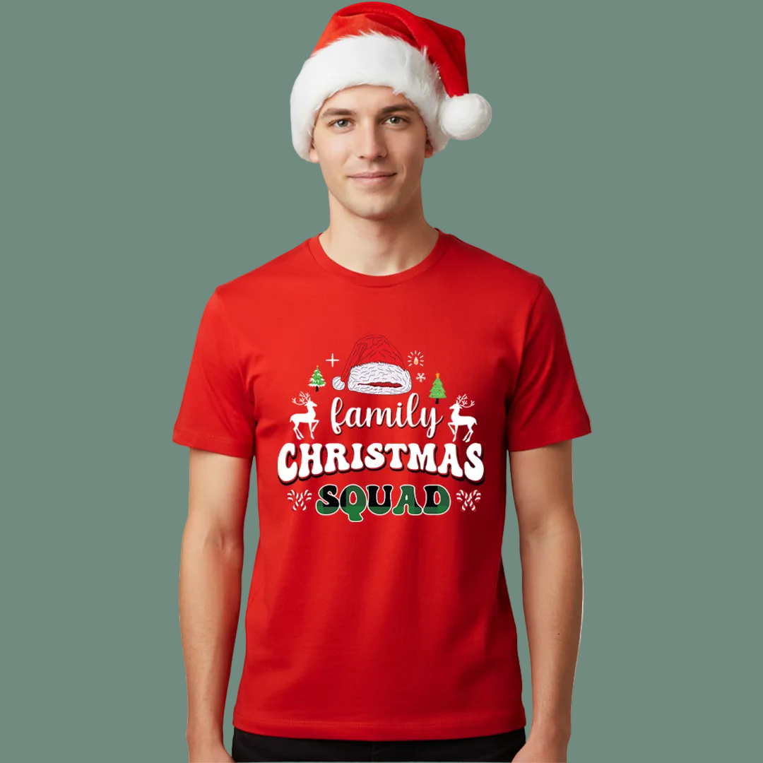 Matching Family Christmas Squad T Shirts - Custom Red Xmas Crew Outfits for Mom, Dad, Kids, Baby