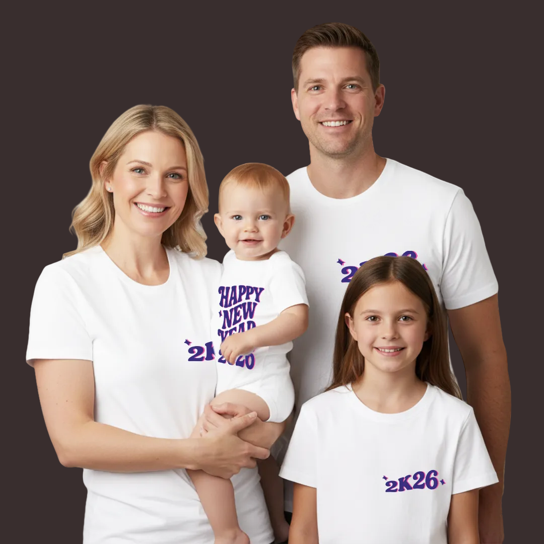 Matching Family 2K26 New Year T-Shirt Set – Festive New Year's Eve T-shirts for Mom, Dad, Kids, and Baby Rompers – Soft Cotton 2026 Celebration Graphic Tees and Onesie