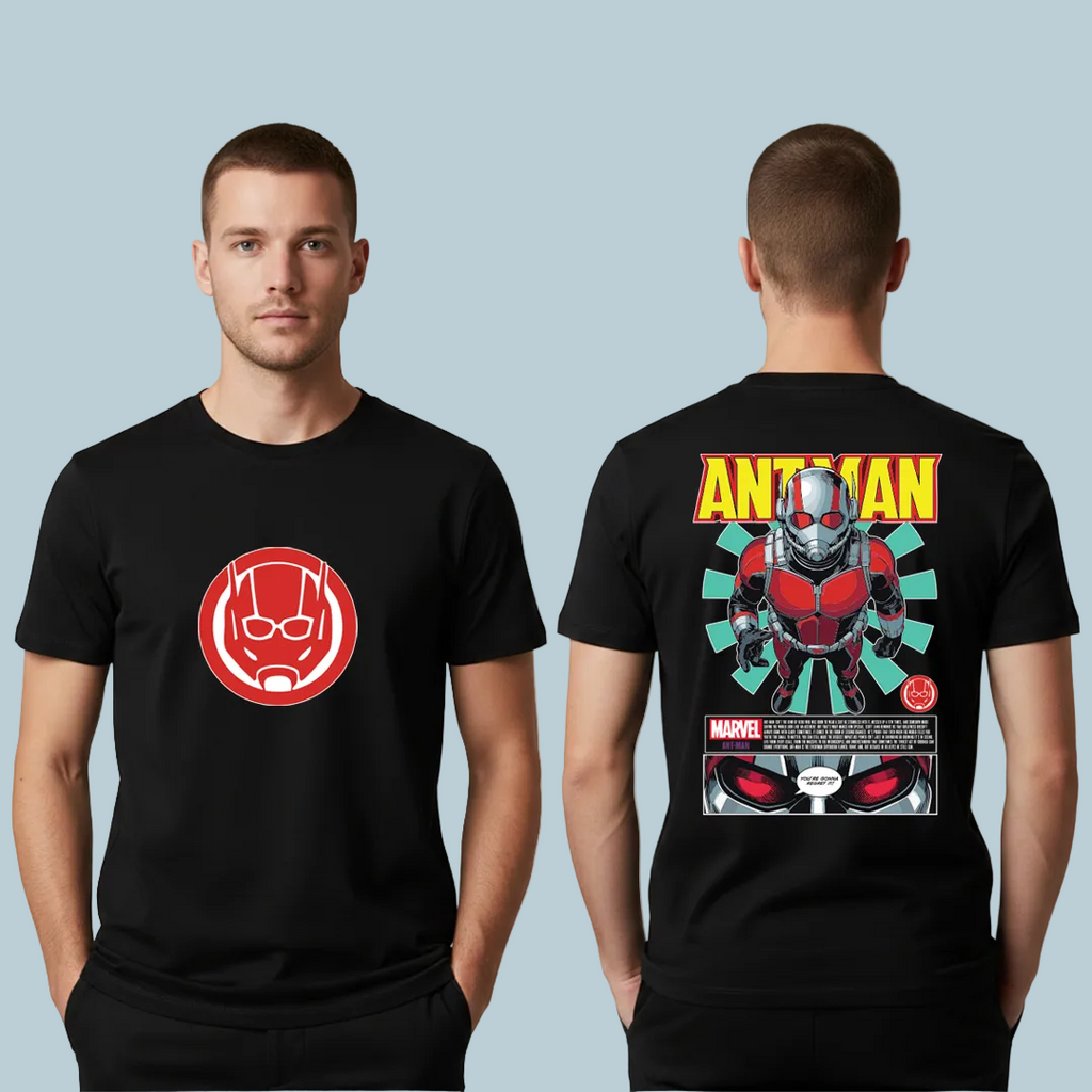 Marvel Ant-Man Graphic T-Shirt - Cotton Tees with Front Logo & Back Comic Art Print - Unisex Short Sleeve