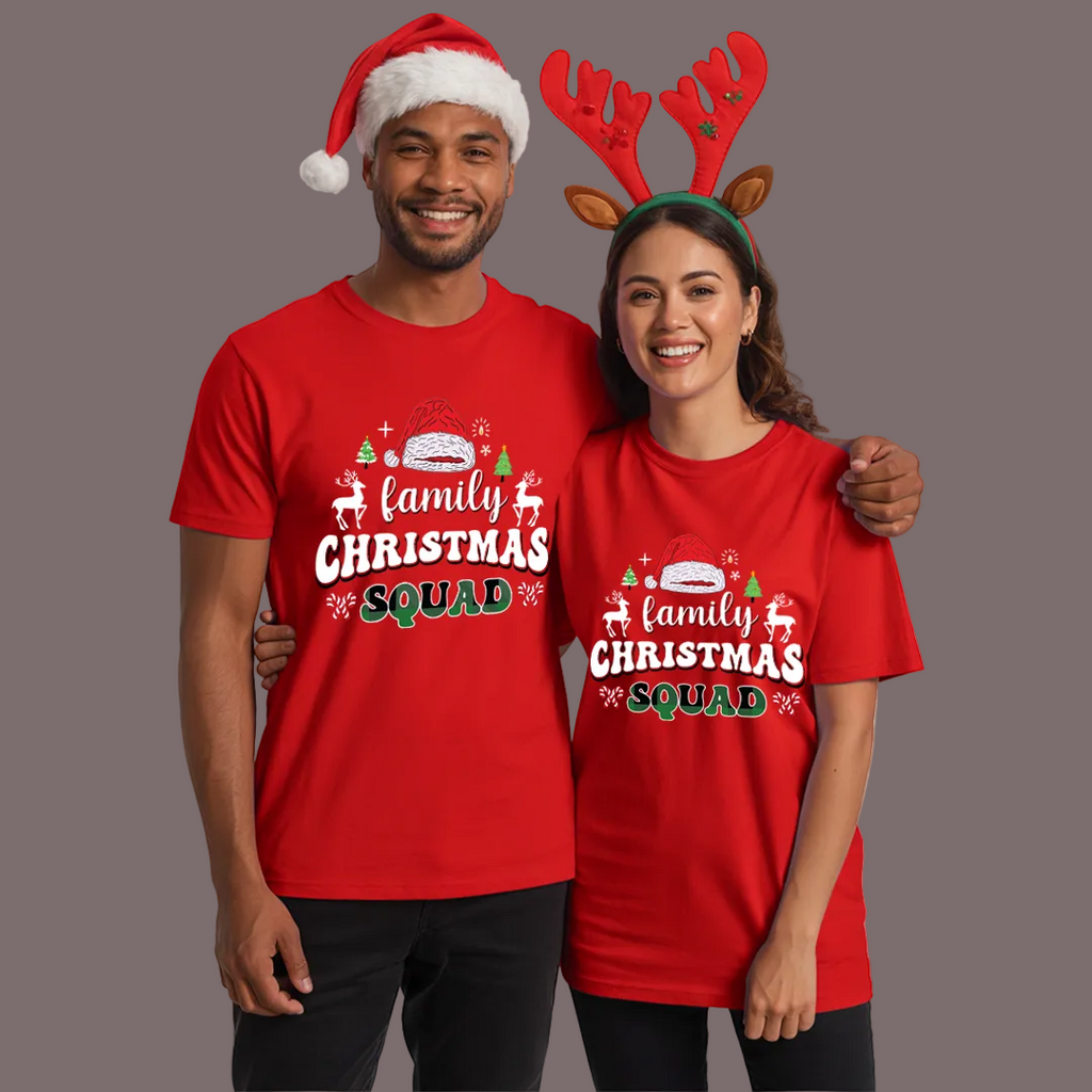 Matching Family Christmas Squad T Shirts - Custom Red Xmas Crew Outfits for Mom, Dad, Kids, Baby