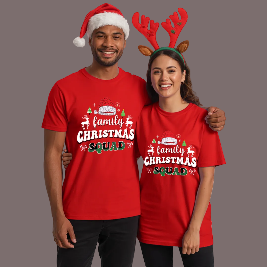 Matching Family Christmas Squad T Shirts - Custom Red Xmas Crew Outfits for Mom, Dad, Kids, Baby