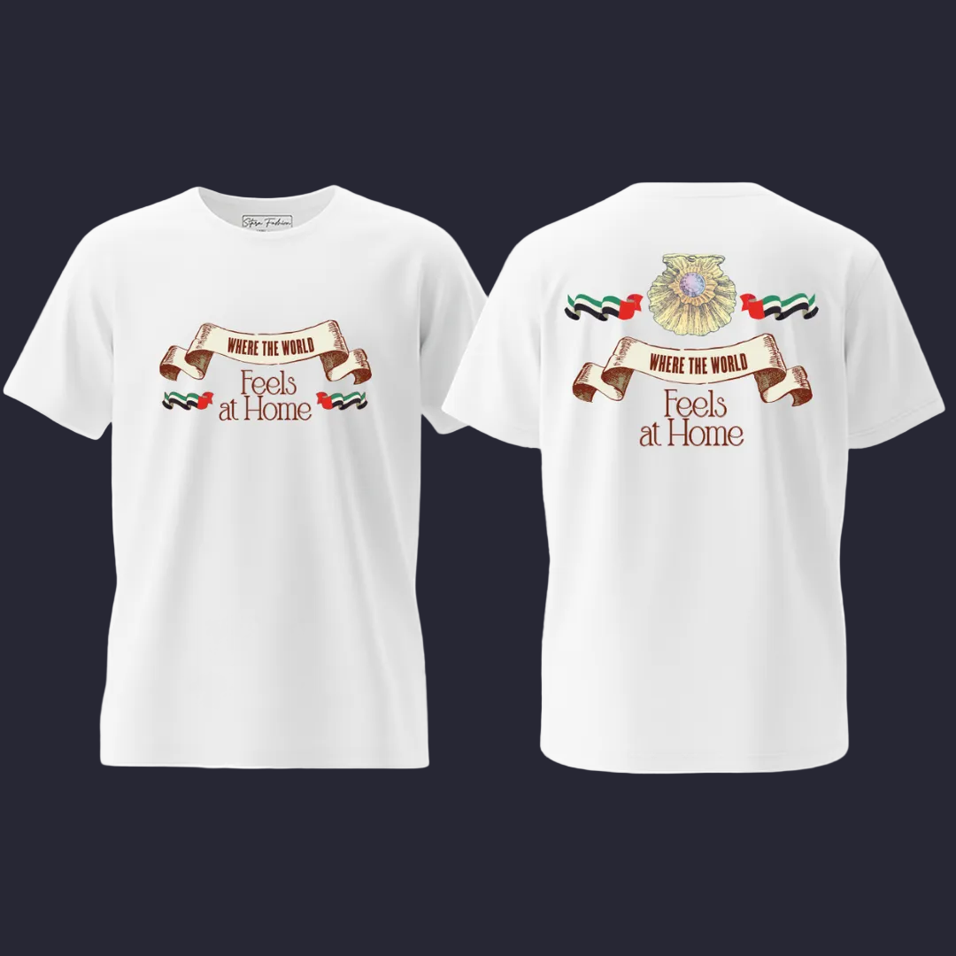 Where The World Feels At Home" UAE Heritage T-Shirt - Unisex White Cotton Tees with Pearl & UAE Flag Design - Emirati Pride Souvenir