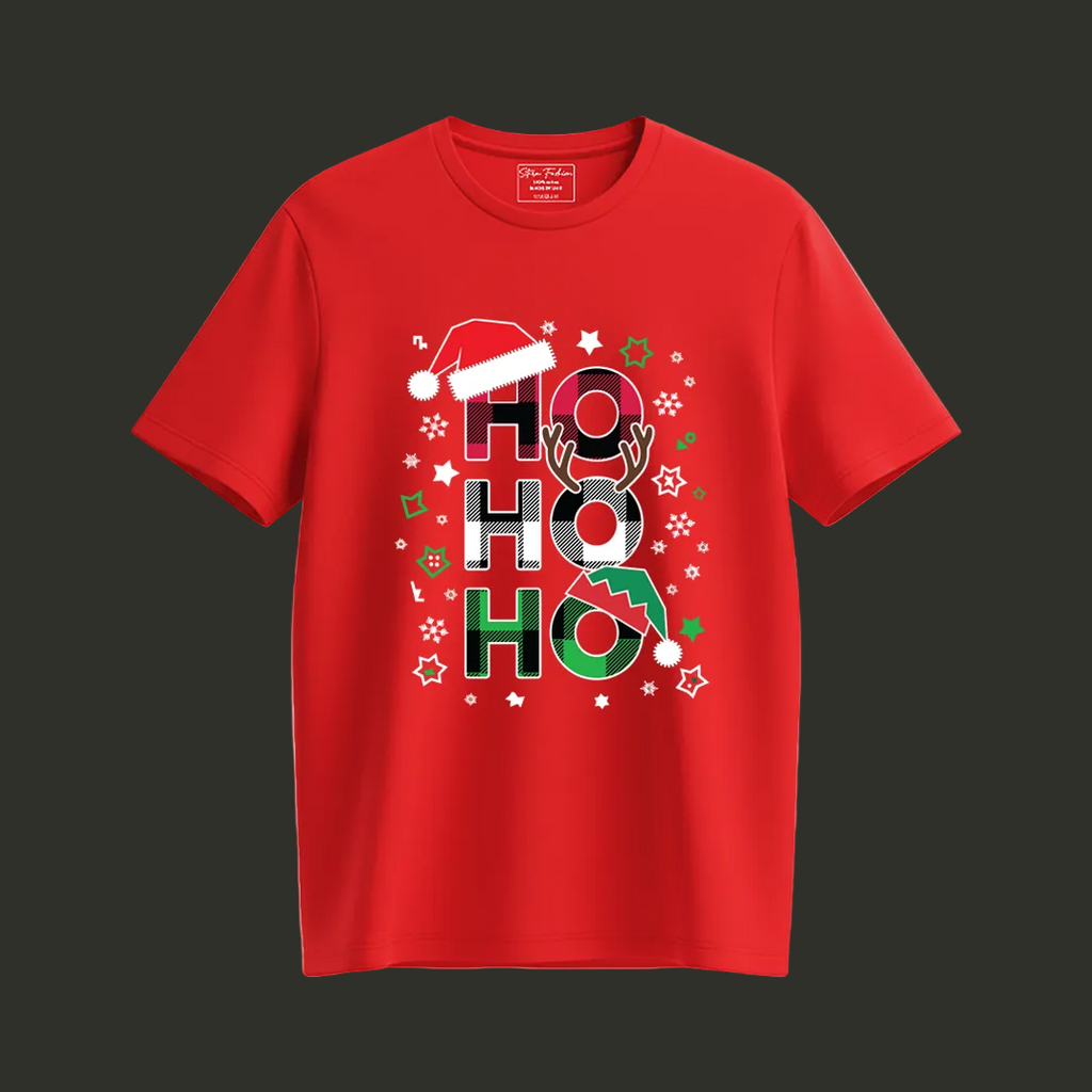Red "Ho Ho Ho" Plaid Letter Christmas T-Shirts | Festive Family Matching Holiday Tees