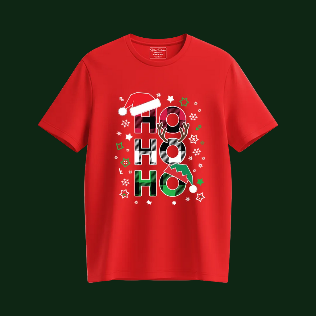 Red "Ho Ho Ho" Plaid Letter Christmas T-Shirts | Festive Family Matching Holiday Tees