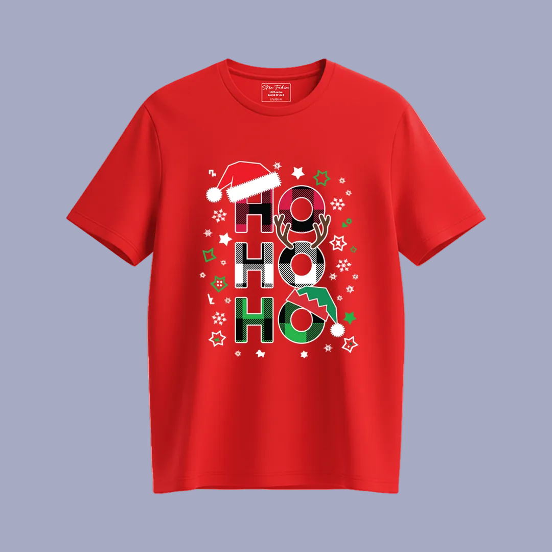 Red "Ho Ho Ho" Plaid Letter Christmas T-Shirts | Festive Family Matching Holiday Tees