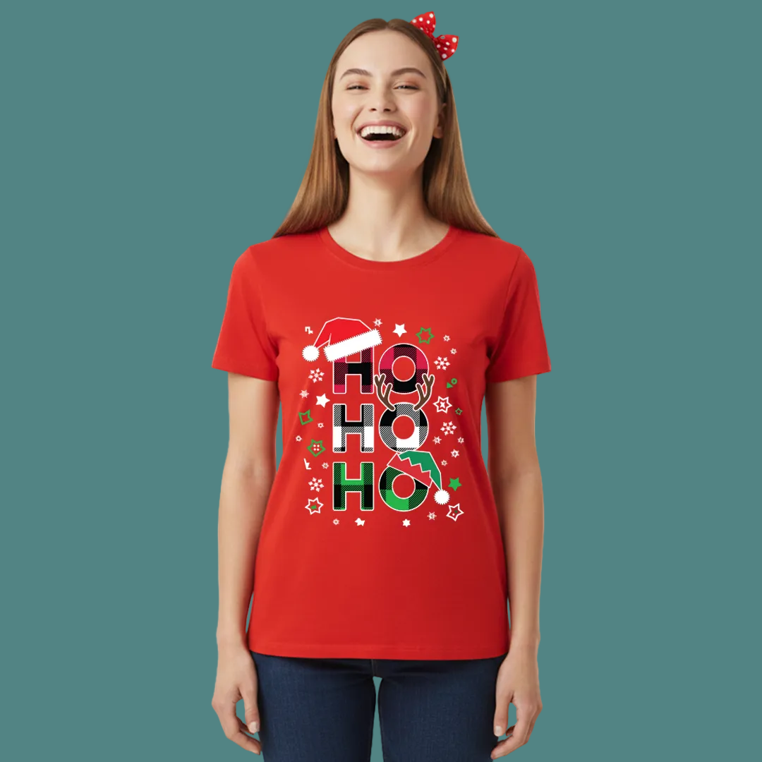 Red "Ho Ho Ho" Plaid Letter Christmas T-Shirts | Festive Family Matching Holiday Tees
