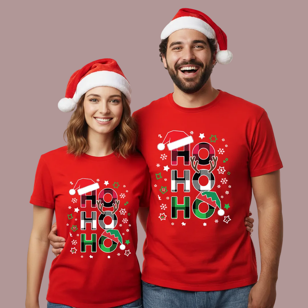 Red "Ho Ho Ho" Plaid Letter Christmas T-Shirts | Festive Family Matching Holiday Tees