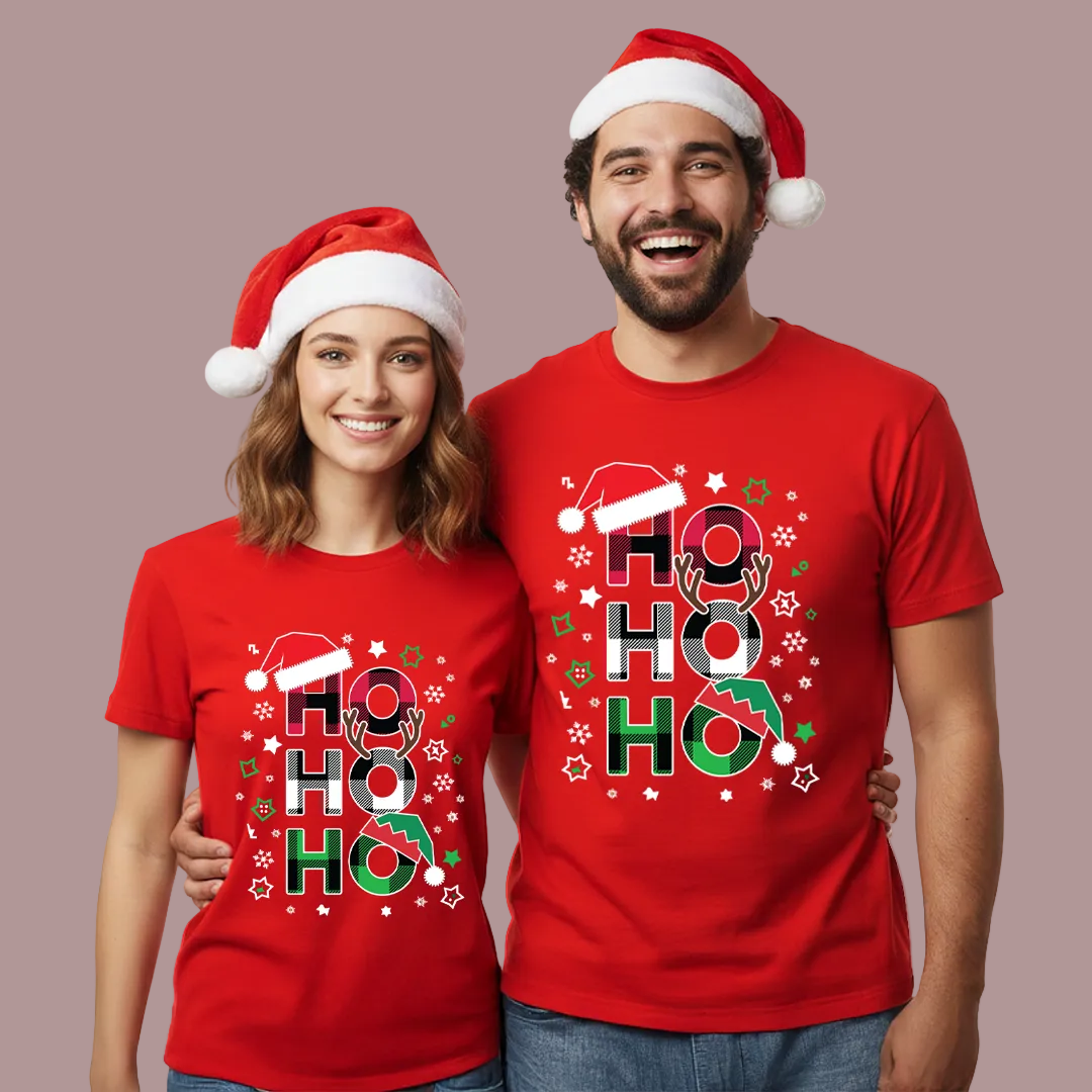 Red "Ho Ho Ho" Plaid Letter Christmas T-Shirts | Festive Family Matching Holiday Tees