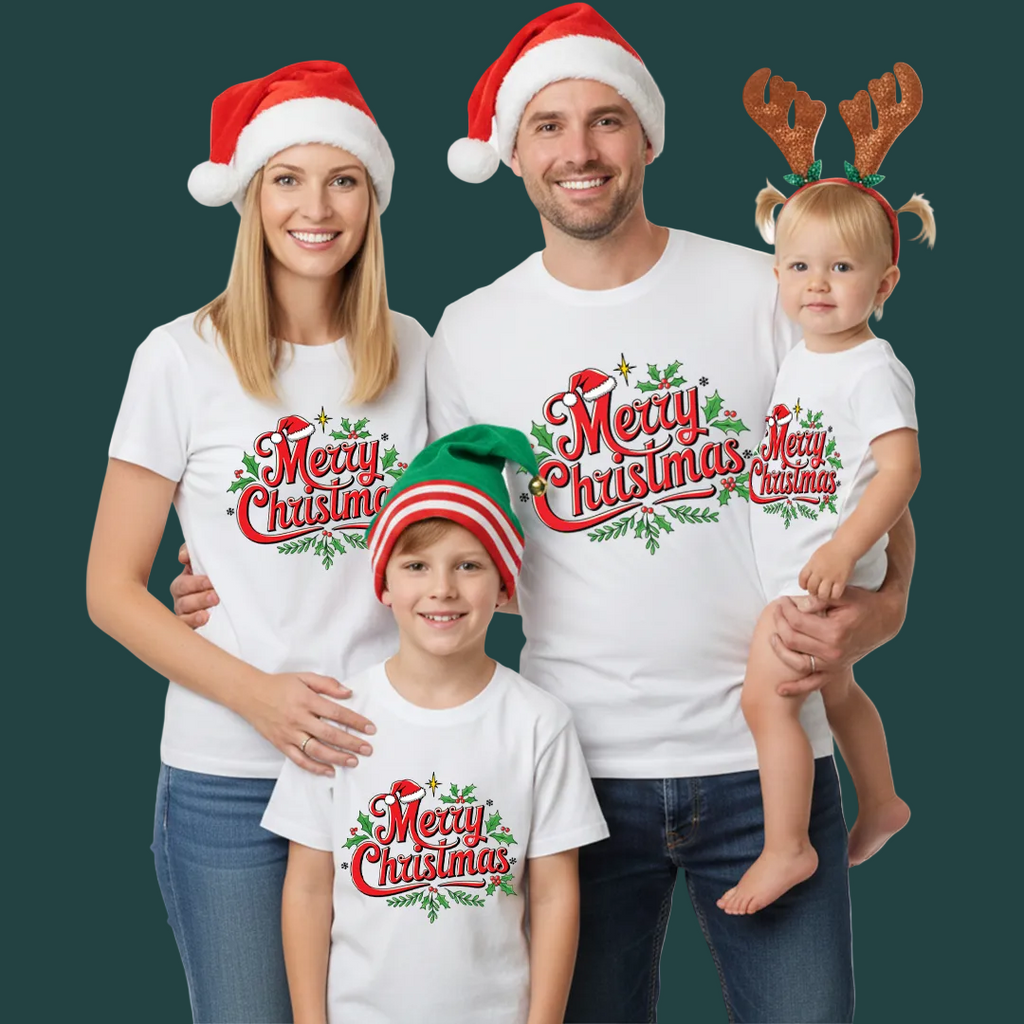 "Merry Christmas" Family Apparel Collection - Unisex Adult and Kids and Infant Tees