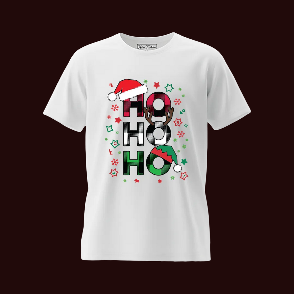 Red "Ho Ho Ho" Plaid Letter Christmas T-Shirts | Festive Family Matching Holiday Tees