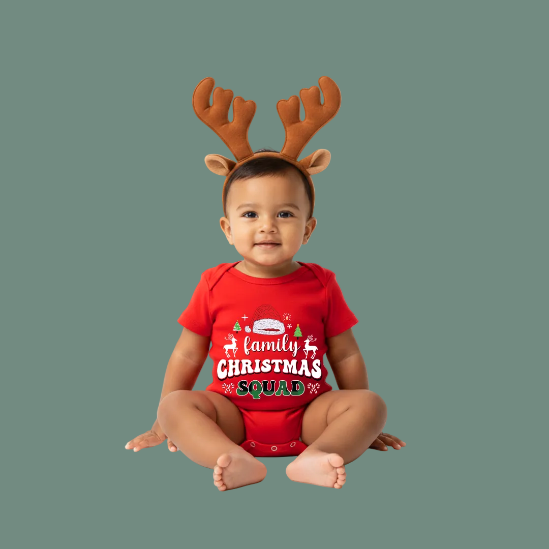 Matching Family Christmas Squad T Shirts - Custom Red Xmas Crew Outfits for Mom, Dad, Kids, Baby
