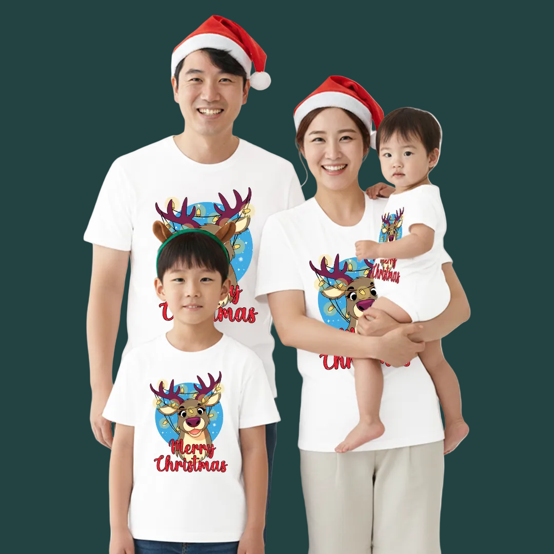 Merry Christmas Reindeer Family Matching Shirts | Red Holiday T Shirt Set for Mom, Dad, and Kids | Family Photo Outfit
