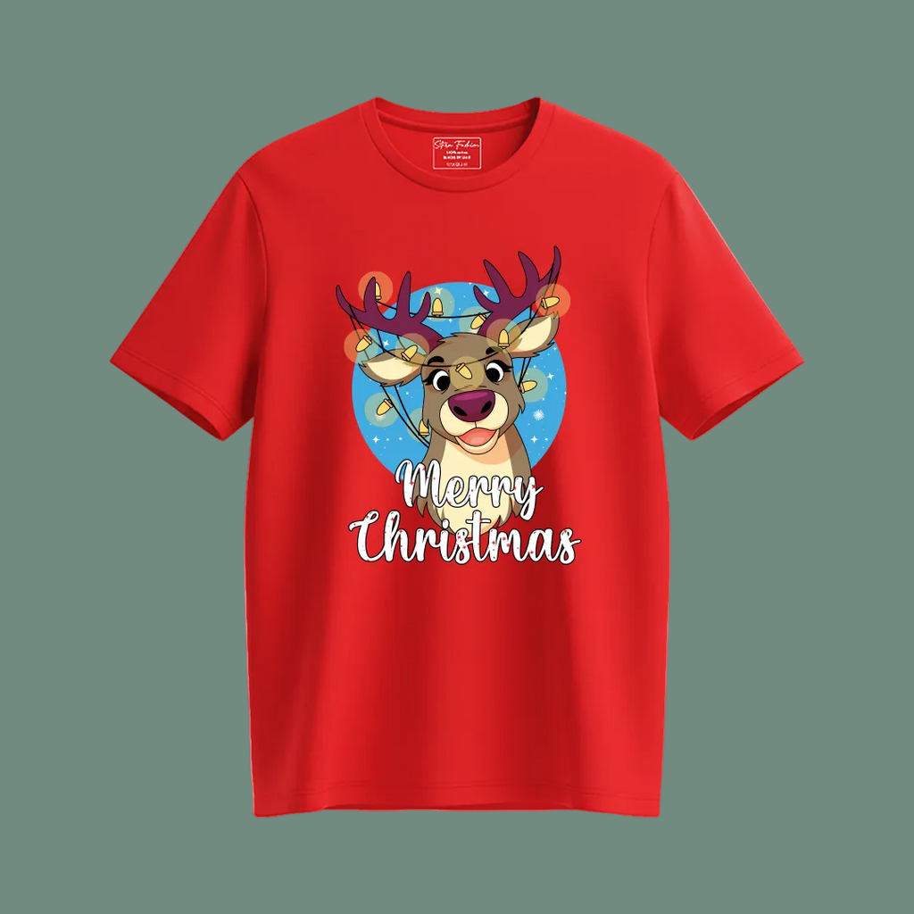 Merry Christmas Reindeer Family Matching Shirts | Red Holiday T Shirt Set for Mom, Dad, and Kids | Family Photo Outfit