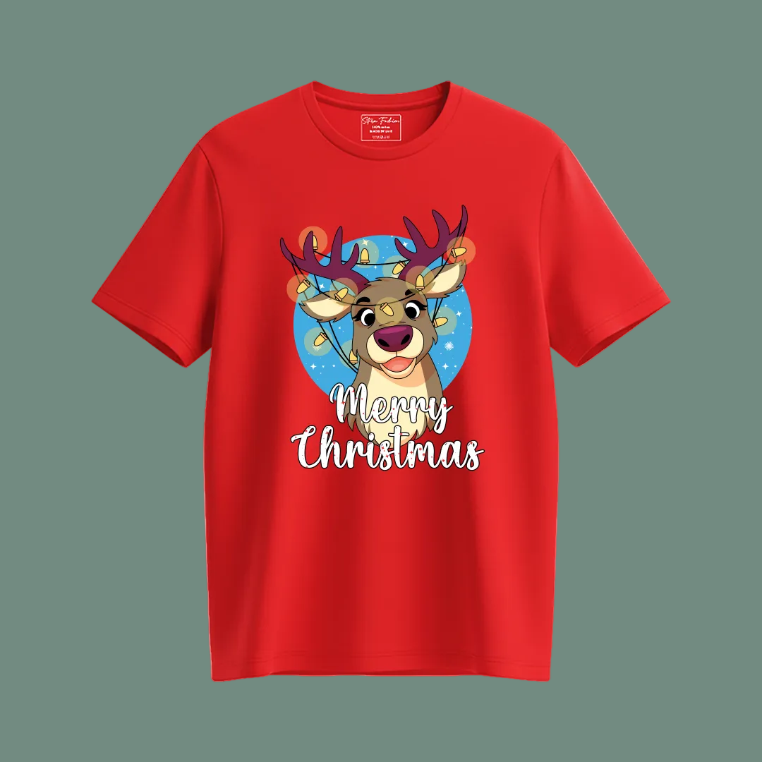 Merry Christmas Reindeer Family Matching Shirts | Red Holiday T Shirt Set for Mom, Dad, and Kids | Family Photo Outfit