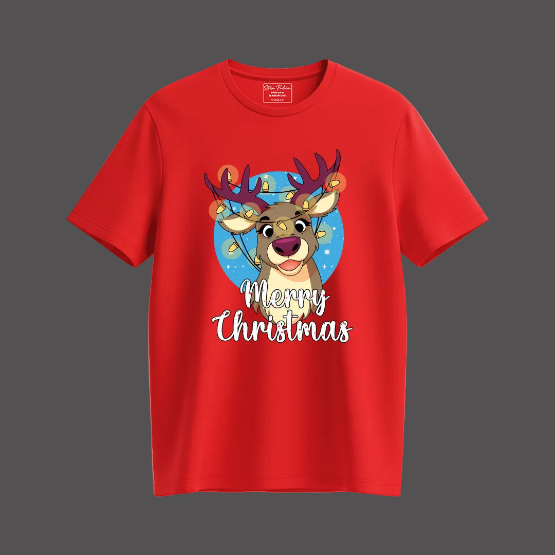 Merry Christmas Reindeer Family Matching Shirts | Red Holiday T Shirt Set for Mom, Dad, and Kids | Family Photo Outfit