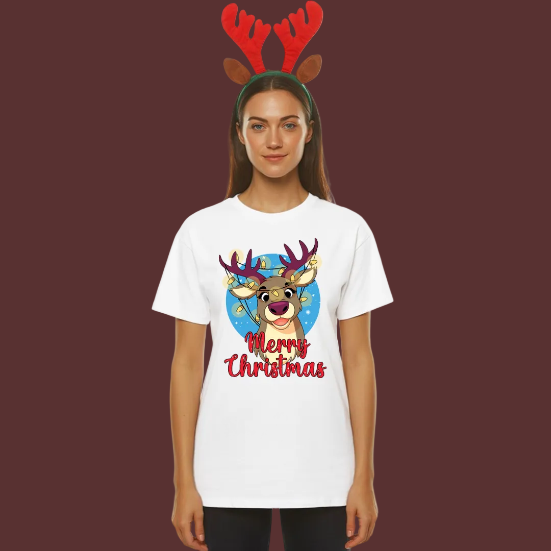 Merry Christmas Reindeer Family Matching Shirts | Red Holiday T Shirt Set for Mom, Dad, and Kids | Family Photo Outfit
