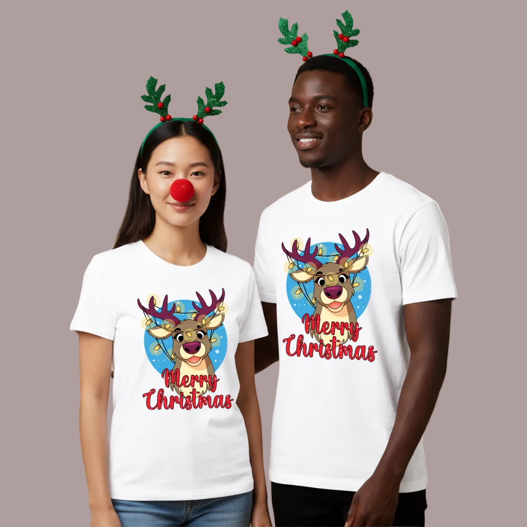 Merry Christmas Reindeer Family Matching Shirts | Red Holiday T Shirt Set for Mom, Dad, and Kids | Family Photo Outfit